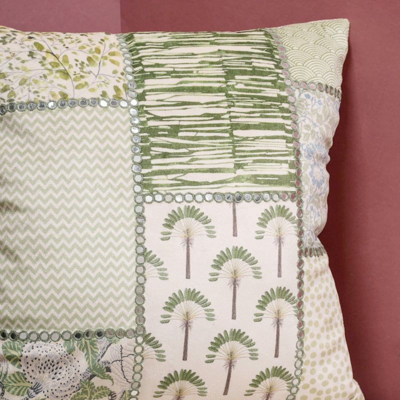Valencia Mirrorwork Velvet Cushion Cover Green 16 x 16 Inch