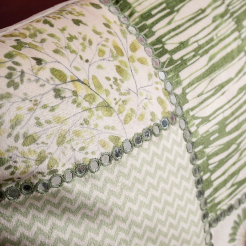 Velvet Patchwork Cushion Cover With Mirrorwork Tropical Green 16 x 16 Inch