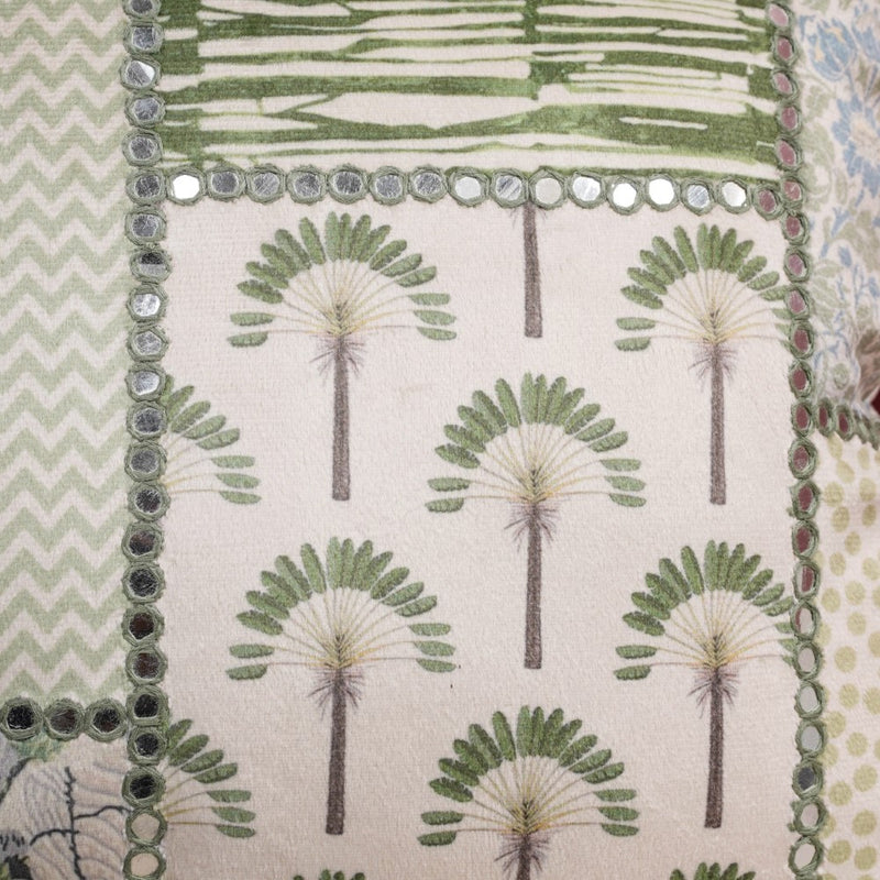 Velvet Patchwork Cushion Cover With Mirrorwork Tropical Green 16 x 16 Inch