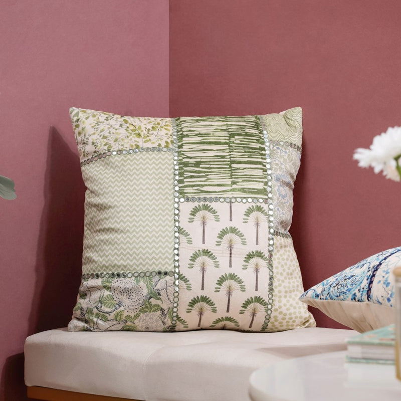 Velvet Patchwork Cushion Cover With Mirrorwork Tropical Green 16 x 16 Inch