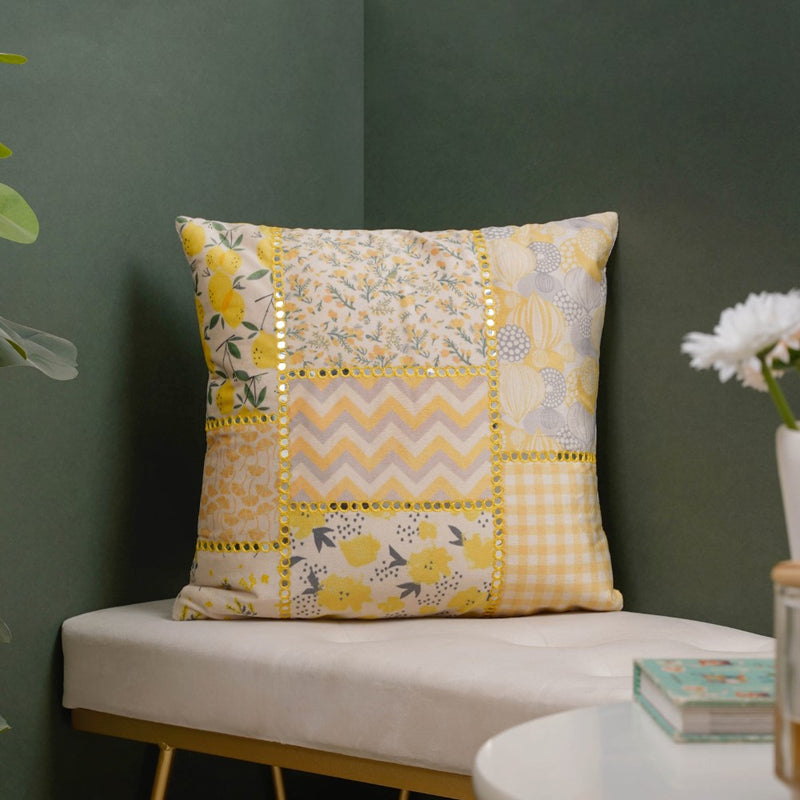 Patchwork Velvet Cushion Cover With Mirrorwork Yellow 16 x 16 Inch