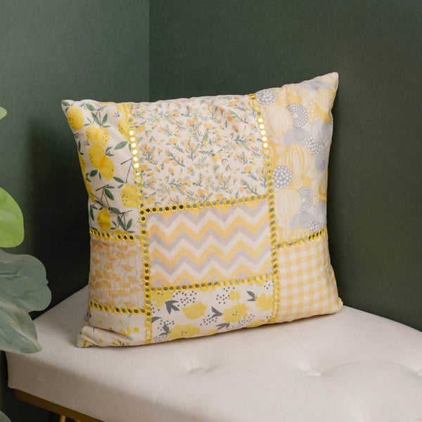 Patchwork Velvet Cushion Cover With Mirrorwork Yellow 16 x 16 Inch