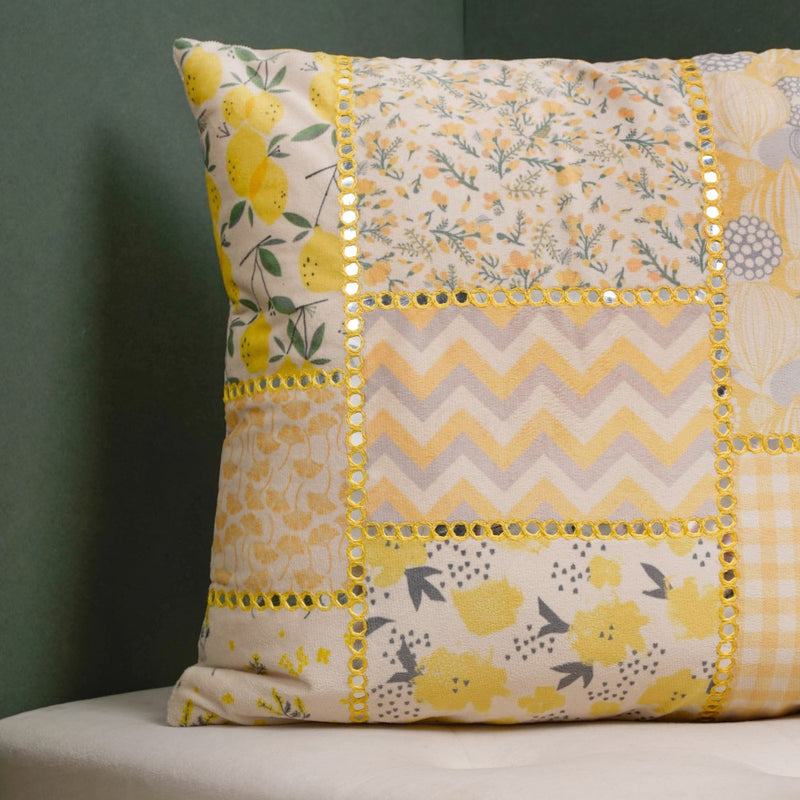 Patchwork Velvet Cushion Cover With Mirrorwork Yellow 16 x 16 Inch