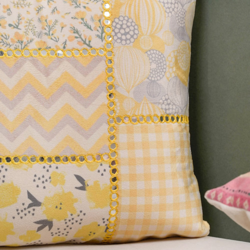 Patchwork Velvet Cushion Cover With Mirrorwork Yellow 16 x 16 Inch