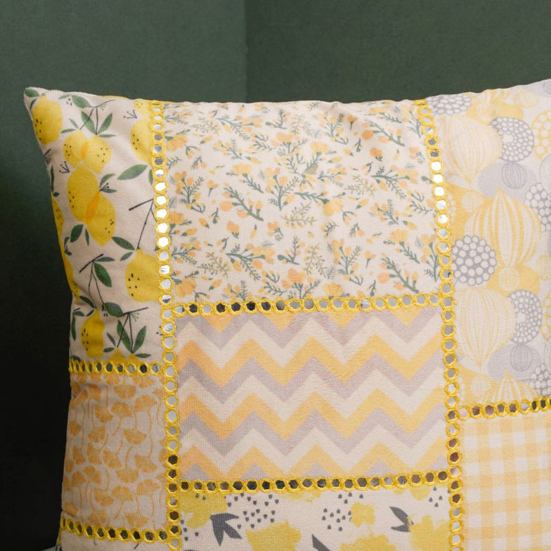 Valencia Velvet Mirrorwork Cushion Cover Yellow 16 x 16 Inch