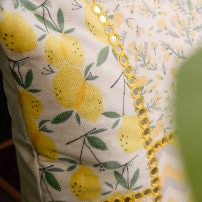 Valencia Velvet Mirrorwork Cushion Cover Yellow 16 x 16 Inch