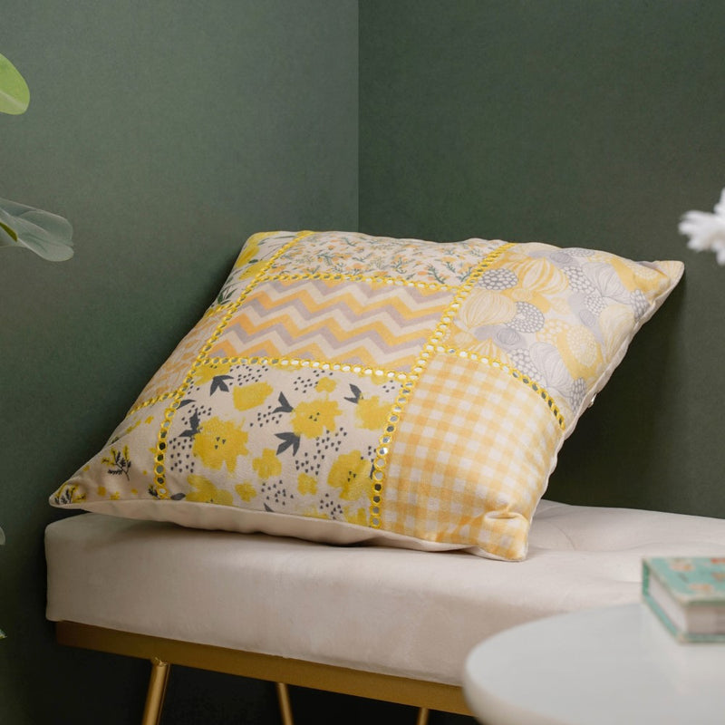 Patchwork Velvet Cushion Cover With Mirrorwork Yellow 16 x 16 Inch