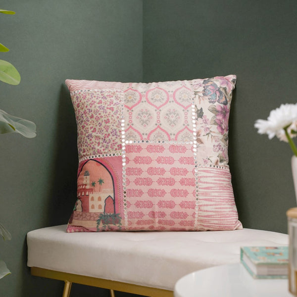 Valencia Velvet Cushion Cover With Mirrorwork Pink 16 x 16 Inch