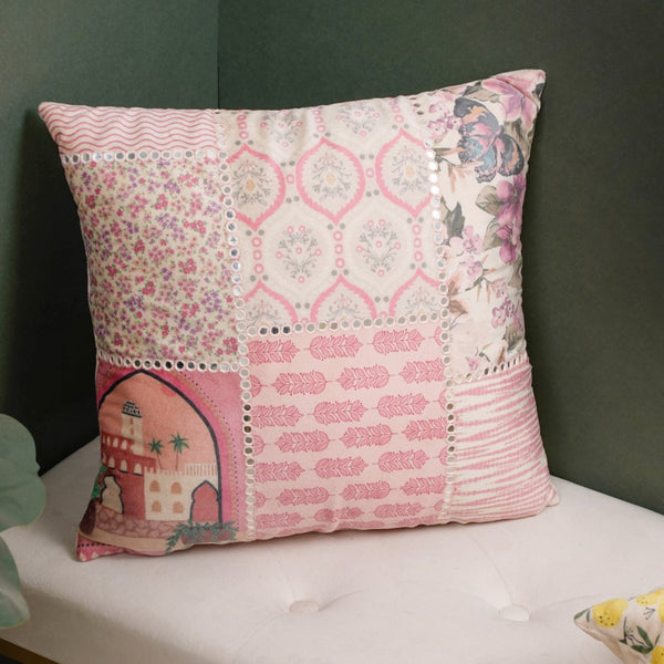 Valencia Velvet Cushion Cover With Mirrorwork Pink 16 x 16 Inch