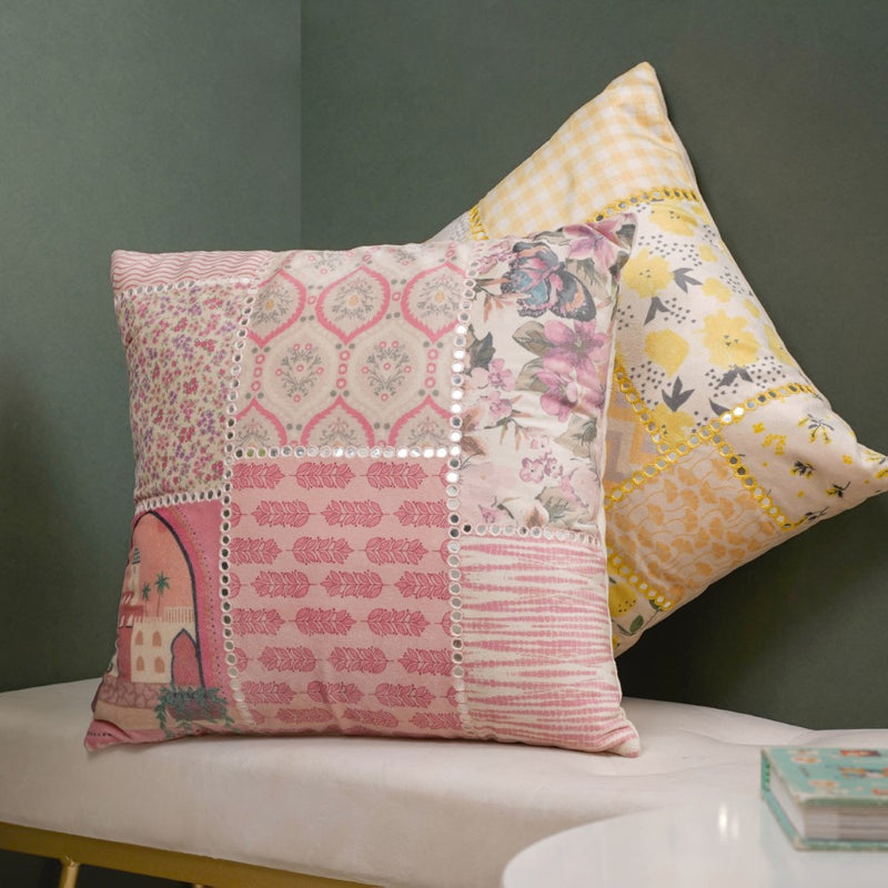 Traditional Patchwork Velvet Cushion Cover With Mirrorwork Pink 16 x 16 Inch