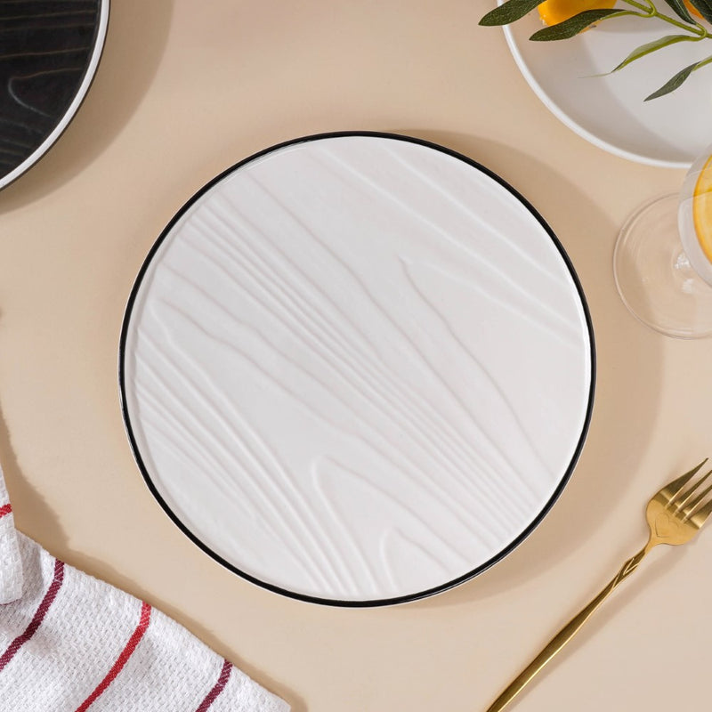 Ceramic Wooden Texture Round Platter White 9.5 Inch - Ceramic platter, serving platter, fruit platter | Plates for dining table & home decor