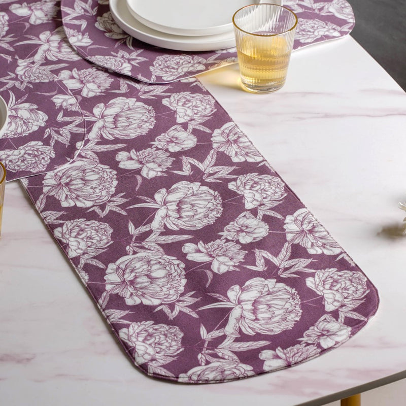Peony Purple Printed Cotton Table Runner For 6 Seater