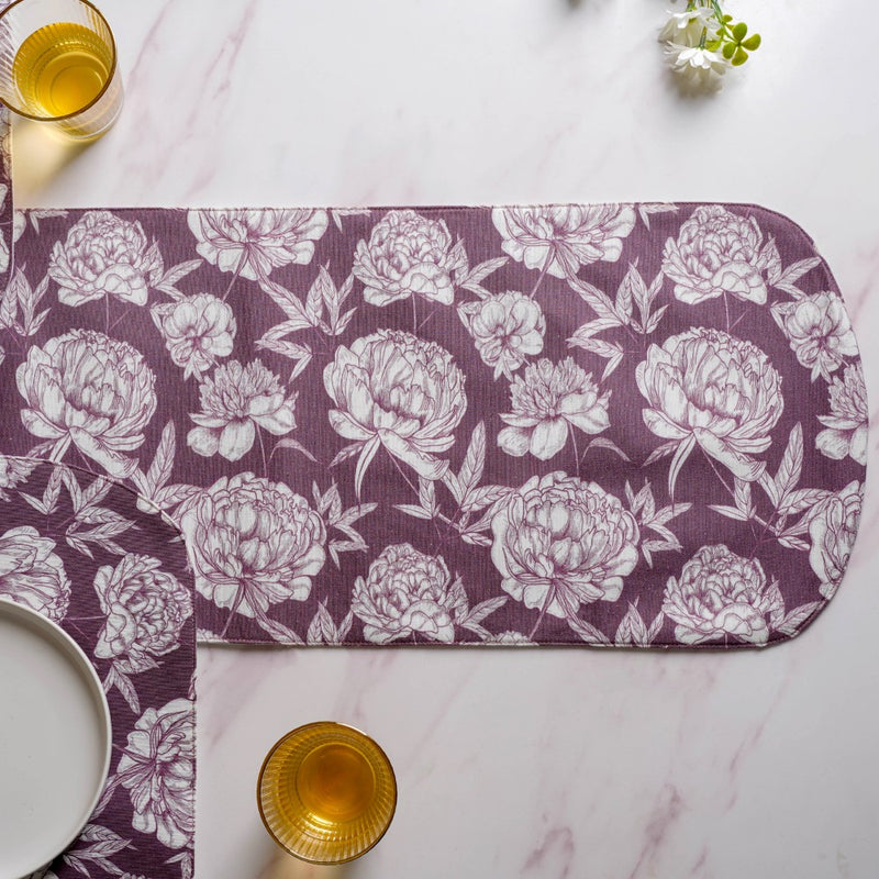 Peony Purple Printed Cotton Table Runner For 6 Seater