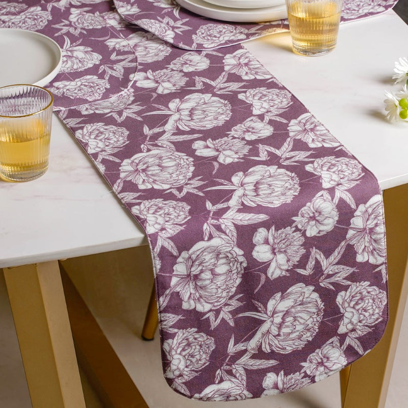 Peony Purple Printed Cotton Table Runner For 6 Seater