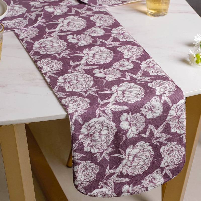 Peony Purple Printed Cotton Table Runner For 6 Seater