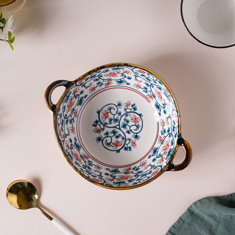 Hana Floral Ceramic Serving Bowl With Handles 9 Inch 500 ml - Bowl, ceramic bowl, serving bowls, noodle bowl, salad bowls, bowl for snacks, large serving bowl, bowl with handle | Bowls for dining table & home decor