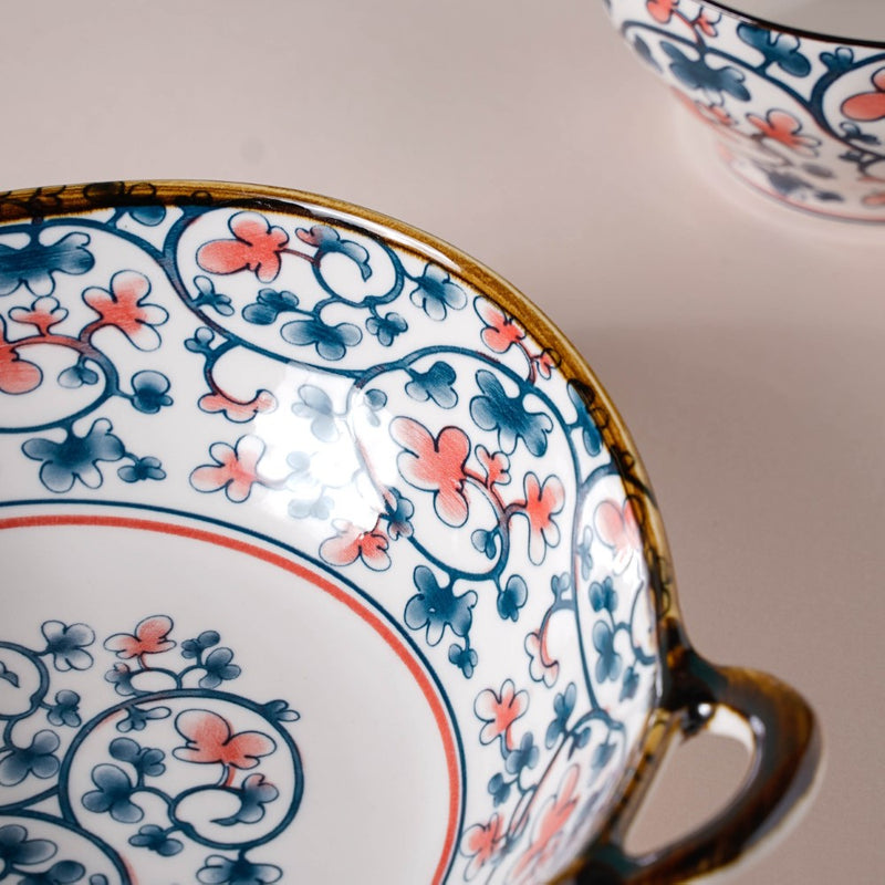 Hana Floral Ceramic Serving Bowl With Handles 9 Inch 500 ml - Bowl, ceramic bowl, serving bowls, noodle bowl, salad bowls, bowl for snacks, large serving bowl, bowl with handle | Bowls for dining table & home decor