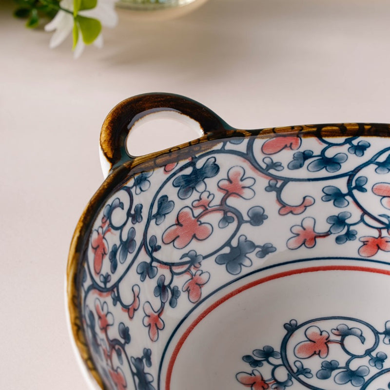 Hana Floral Ceramic Serving Bowl With Handles 9 Inch 500 ml - Bowl, ceramic bowl, serving bowls, noodle bowl, salad bowls, bowl for snacks, large serving bowl, bowl with handle | Bowls for dining table & home decor