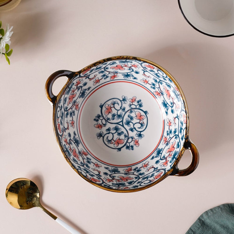 Hana Floral Ceramic Serving Bowl With Handles 9 Inch 500 ml - Bowl, ceramic bowl, serving bowls, noodle bowl, salad bowls, bowl for snacks, large serving bowl, bowl with handle | Bowls for dining table & home decor