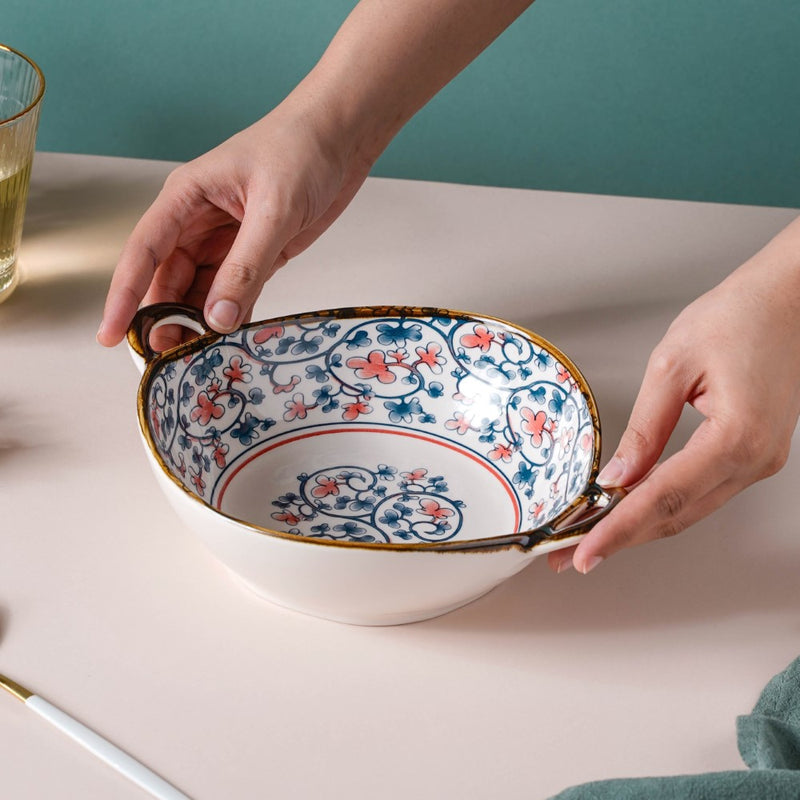 Hana Floral Ceramic Serving Bowl With Handles 9 Inch 500 ml - Bowl, ceramic bowl, serving bowls, noodle bowl, salad bowls, bowl for snacks, large serving bowl, bowl with handle | Bowls for dining table & home decor