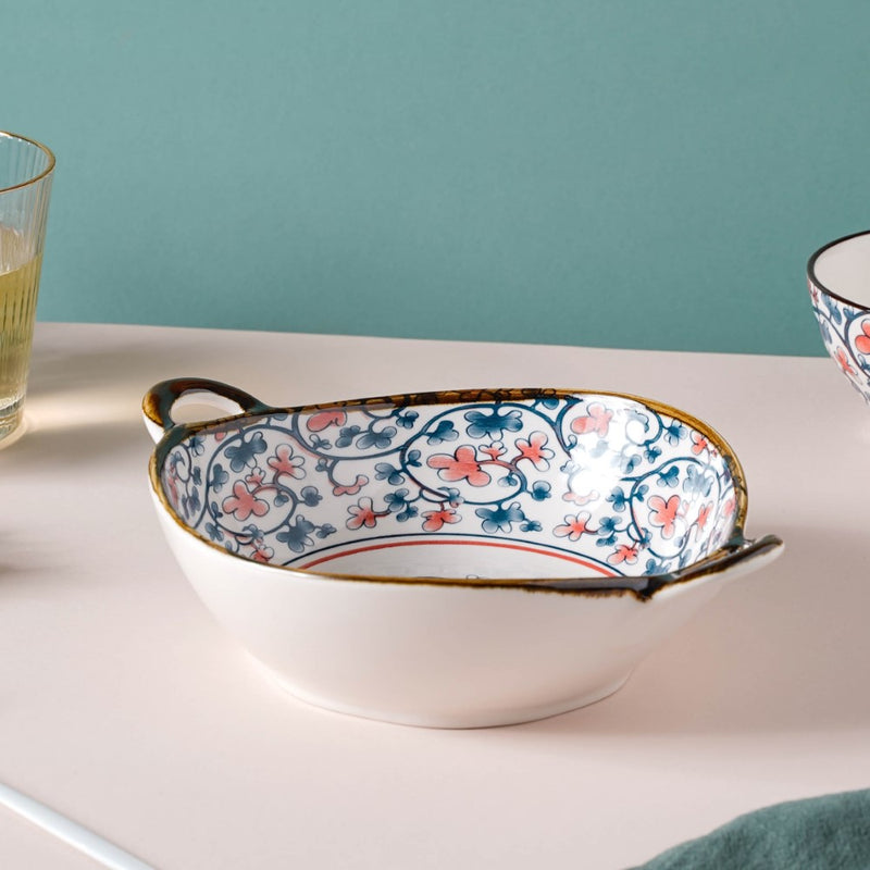 Hana Floral Ceramic Serving Bowl With Handles 9 Inch 500 ml - Bowl, ceramic bowl, serving bowls, noodle bowl, salad bowls, bowl for snacks, large serving bowl, bowl with handle | Bowls for dining table & home decor