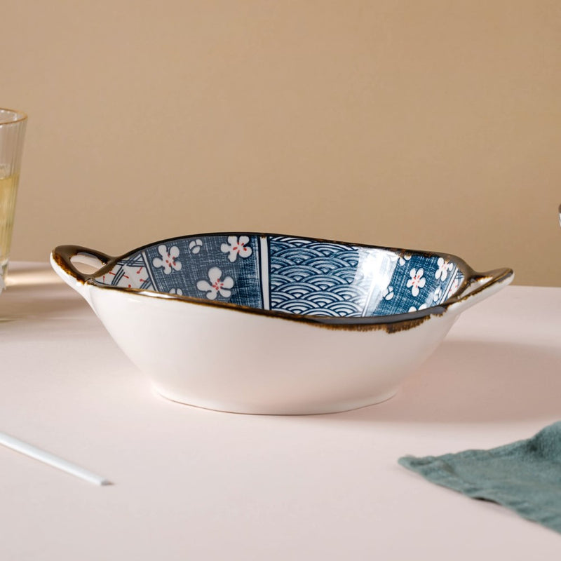 Asagao Patterned Serving Bowl With Handles 9 Inch 500 ml - Ceramic bowl, serving bowls, noodle bowl, salad bowls, snack bowls, bowls with handle | Bowls for dining table & home decor