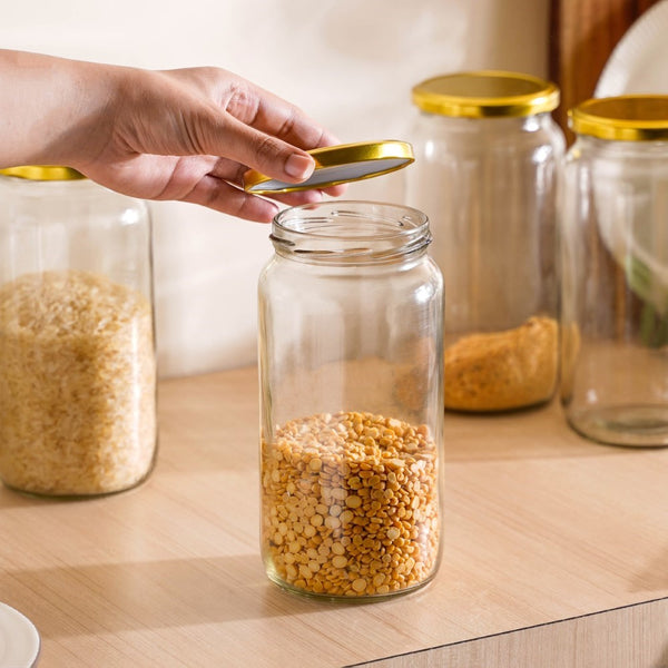 Glass Kitchen Storage Jar With Gold Lid Set Of 4 950ml