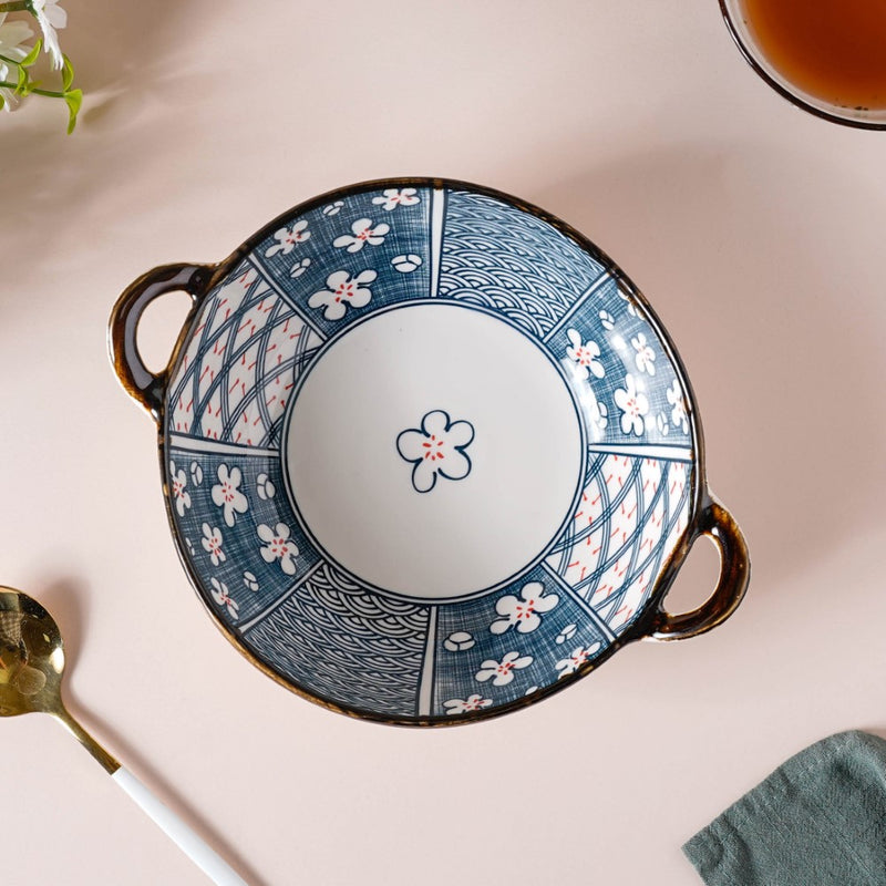 Asagao Patterned Serving Bowl With Handles 9 Inch 500 ml - Ceramic bowl, serving bowls, noodle bowl, salad bowls, snack bowls, bowls with handle | Bowls for dining table & home decor