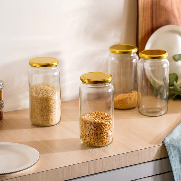 Glass Kitchen Storage Jar With Gold Lid Set Of 4 950ml