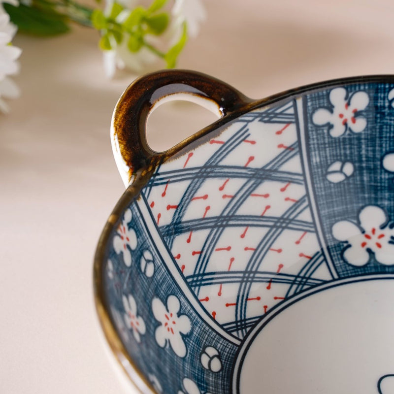 Asagao Patterned Serving Bowl With Handles 9 Inch 500 ml - Ceramic bowl, serving bowls, noodle bowl, salad bowls, snack bowls, bowls with handle | Bowls for dining table & home decor