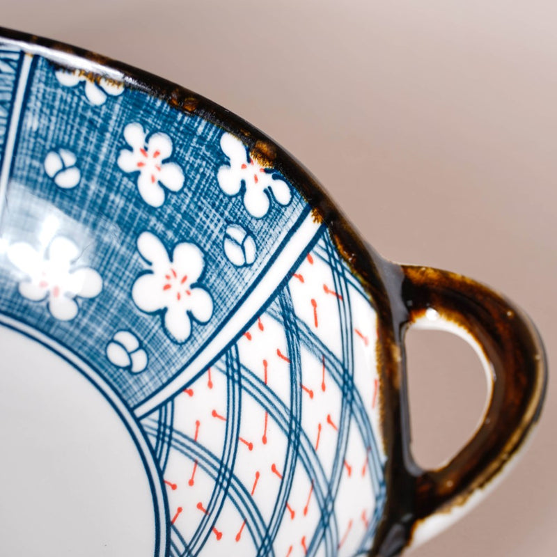 Asagao Patterned Serving Bowl With Handles 9 Inch 500 ml - Ceramic bowl, serving bowls, noodle bowl, salad bowls, snack bowls, bowls with handle | Bowls for dining table & home decor