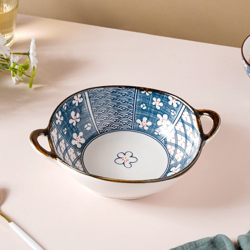 Asagao Patterned Serving Bowl With Handles 9 Inch 500 ml - Ceramic bowl, serving bowls, noodle bowl, salad bowls, snack bowls, bowls with handle | Bowls for dining table & home decor