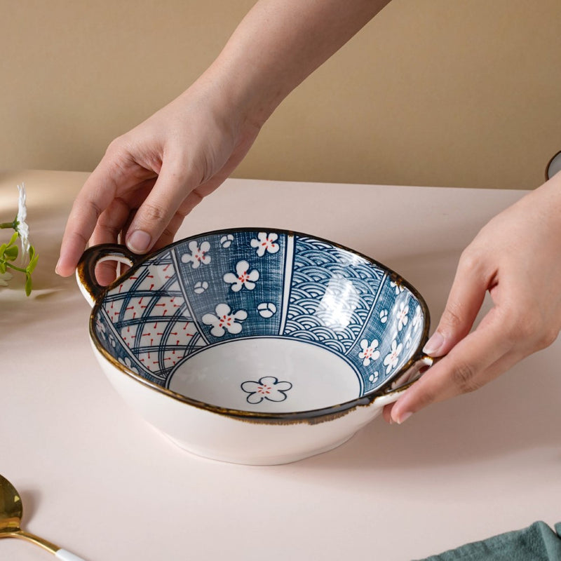 Asagao Patterned Serving Bowl With Handles 9 Inch 500 ml - Ceramic bowl, serving bowls, noodle bowl, salad bowls, snack bowls, bowls with handle | Bowls for dining table & home decor
