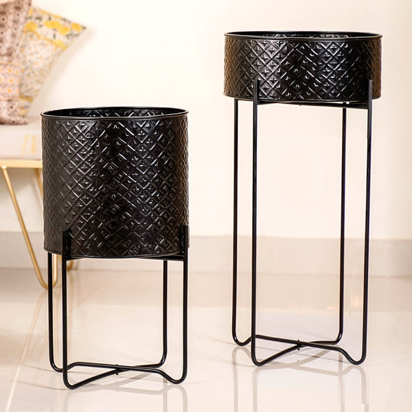 Modern Metal Floor Planter With Stand Black Set Of 2