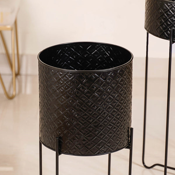 Modern Metal Floor Planter With Stand Black Set Of 2