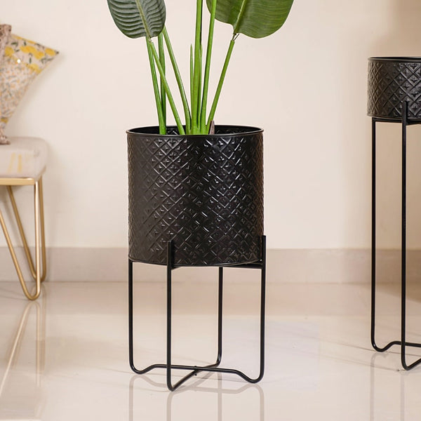 Modern Metal Floor Planter With Stand Black Set Of 2