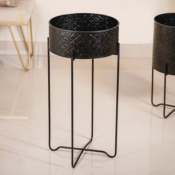 Modern Metal Floor Planter With Stand Black Set Of 2