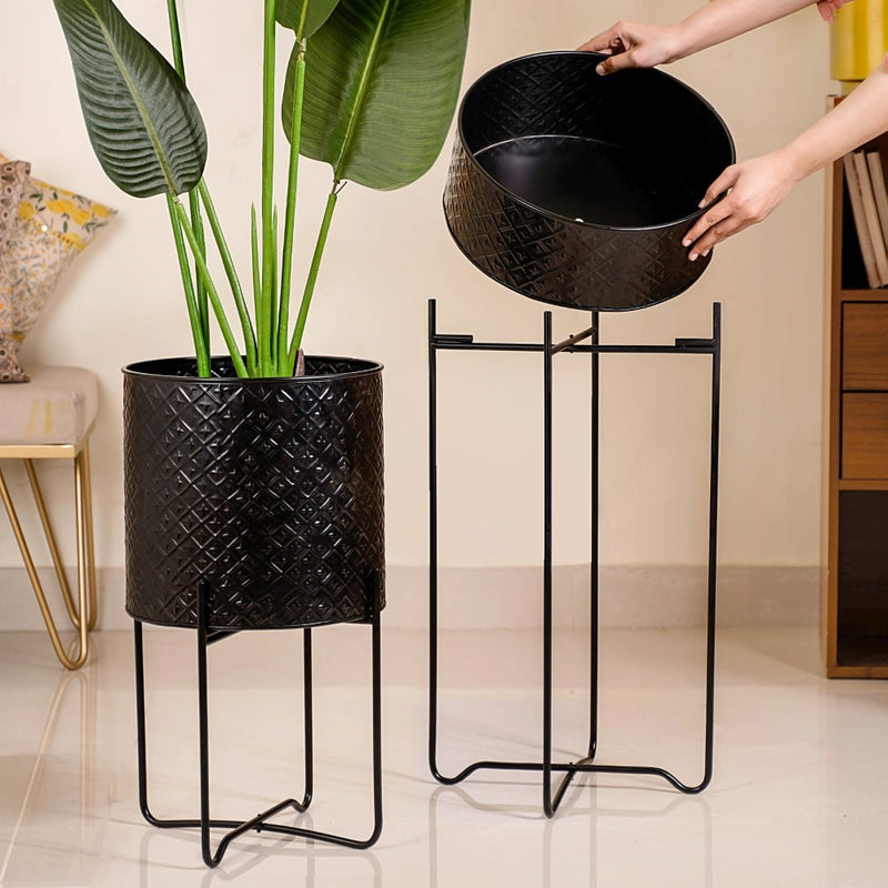 Modern Metal Floor Planter With Stand Black Set Of 2
