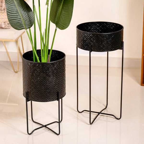 Modern Metal Floor Planter With Stand Black Set Of 2