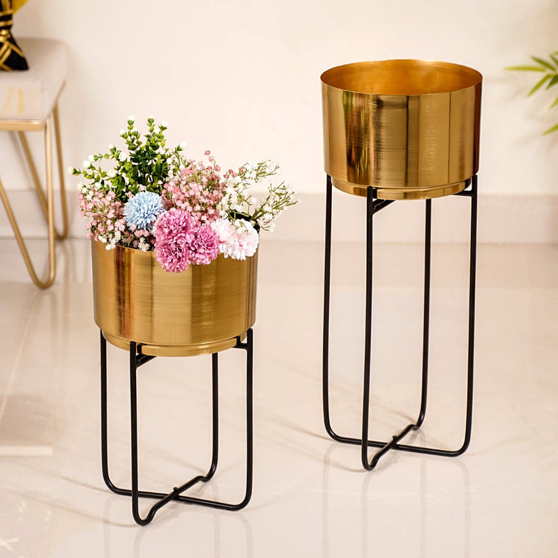 Luxe Metal Floor Planter With Stand Gold Set Of 2
