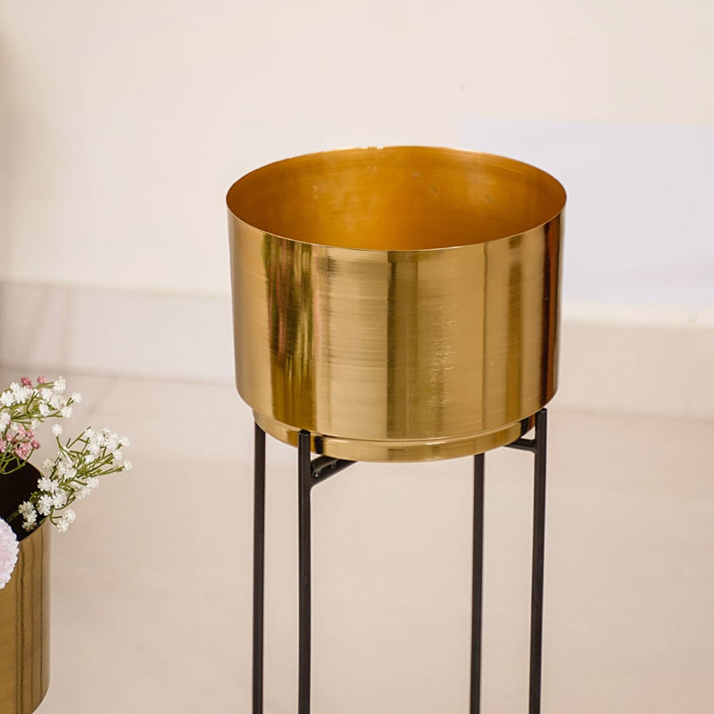 Luxe Metal Floor Planter With Stand Gold Set Of 2