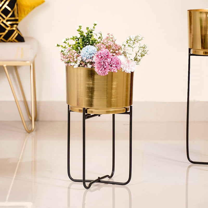 Luxe Metal Floor Planter With Stand Gold Set Of 2