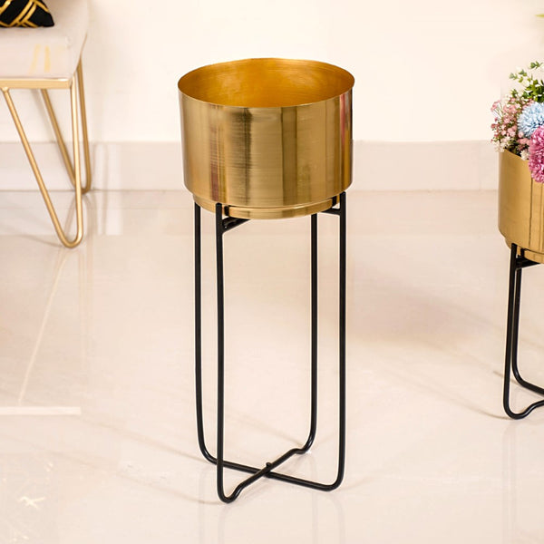 Luxe Metal Floor Planter With Stand Gold Set Of 2