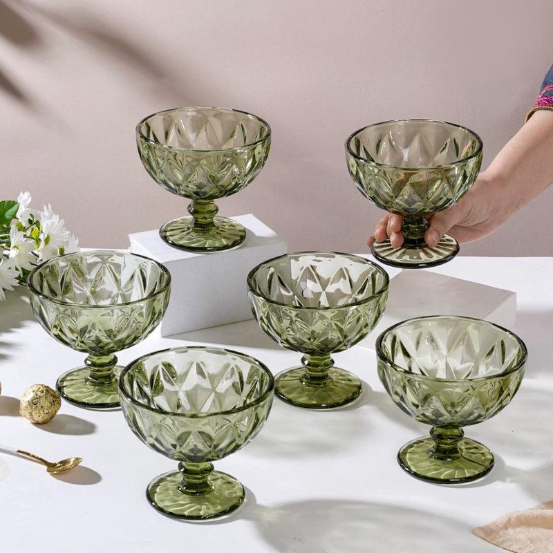 Luxe Glass Dessert Bowl Green Set Of 6 300 ml