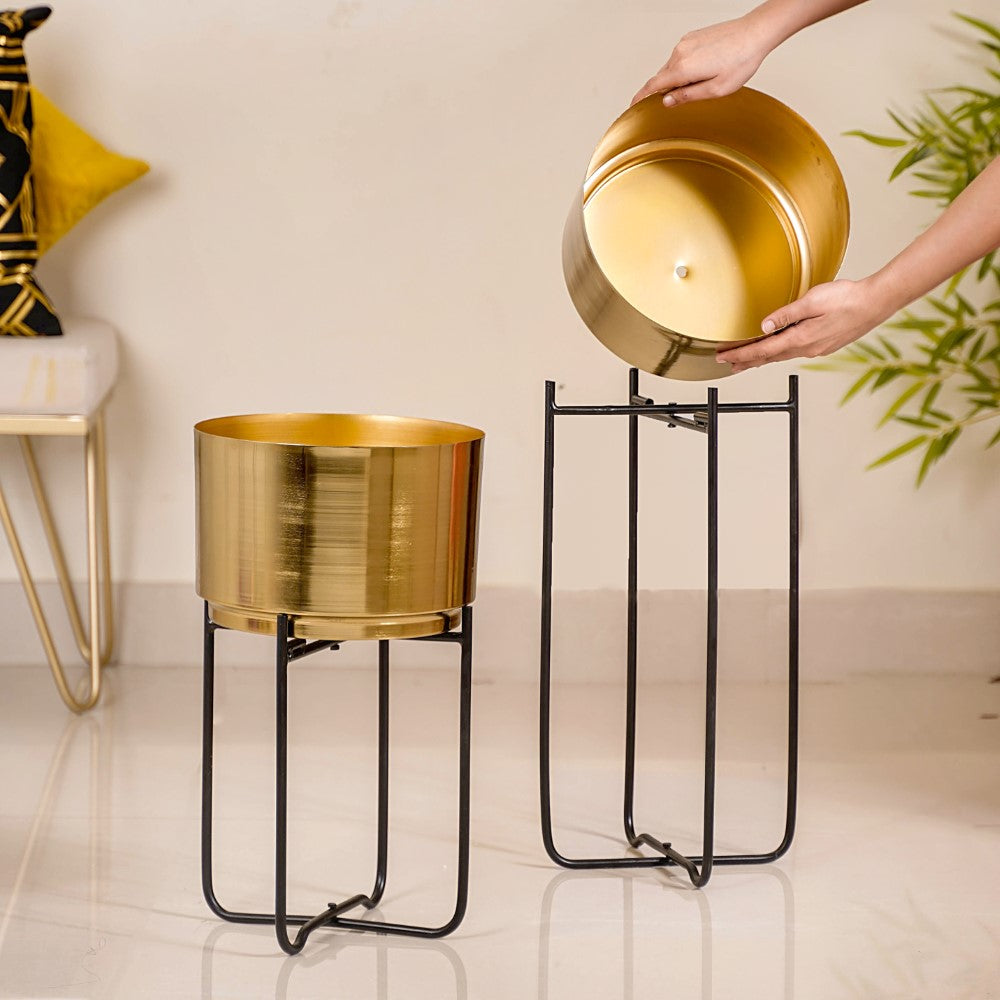 Luxe Metal Floor Planter With Stand Gold Set Of Online Premium