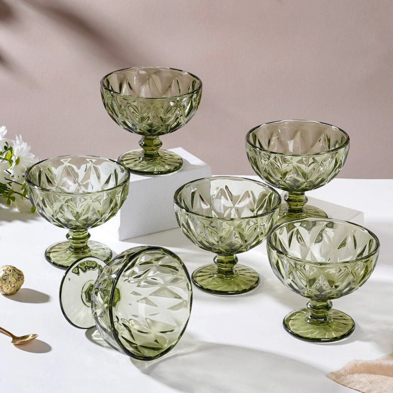 Luxe Glass Dessert Bowl Green Set Of 6 300 ml