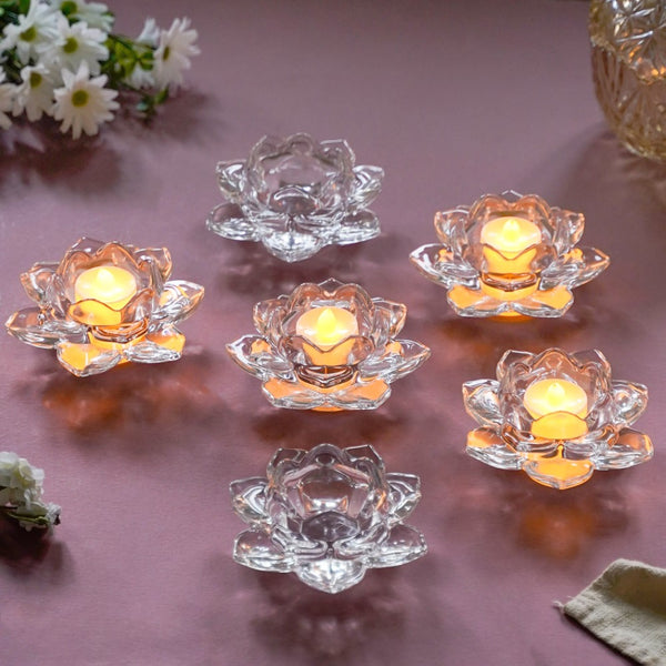 Lotus Glass Tea Light Holder Transparent Set Of 6 - Candle stand | Home decor ideas