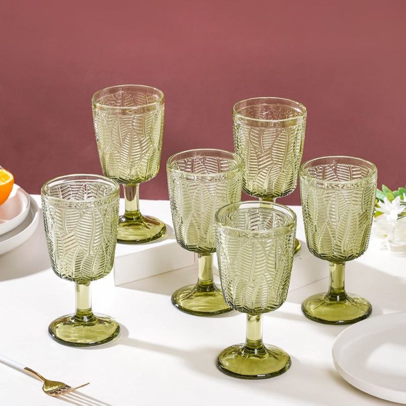 Vintage Engraved Wine Glass Green Set of 6 300 ml