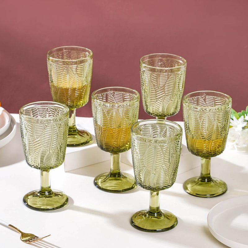 Vintage Engraved Wine Glass Green Set of 6 300 ml