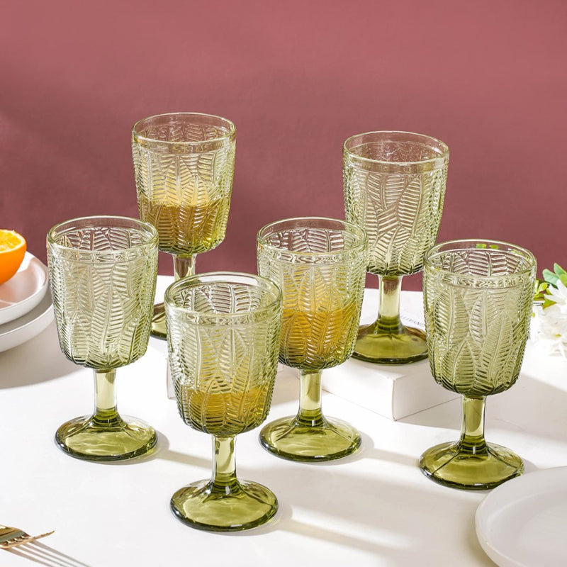 Vintage Engraved Wine Glass Green Set of 6 300 ml